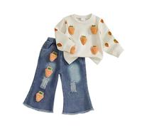 Himllauen 2Pcs Baby Girl Easter Outfit Toddler Girl Easter Clothes Set Bunny Carrot Embroidery Long Sleeve Pullover and Elastic Waist Flared Jeans (Apricot, 3-4T)