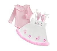 Himllauen 2Pcs Baby Girl Easter Outfits, Newborn Infant Girl Easter Clothes Set, Long Sleeve Romper + Bunny Suspender Dress (White, 12-18 Months)