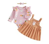 Himllauen 3Pcs Baby Girl Easter Outfits, Long Sleeve Bunny Carrot Print Romper, Rabbit Embroidery Overall Dress with Headband, Infant Girls Easter Clothes Set (Orange, 0-3 Months)