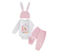 Himllauen 3Pcs Baby Girls Easter Outfits, Infant Newborn Girl First Easter Clothes Set, Long Sleeve Letter Print Romper, Embroidery Pants with Hat for Infant Girls (Pink, 3-6 Months)