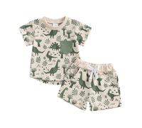 Himllauen Baby Boy Clothes Set Short Sleeve Dinosaur Print/Embroidery T-shirt Short 2Pcs Toddler Boy Summer Outfit Set with Elastic Waist 0 Months-4 Years (Khaki, 3-6 Months)