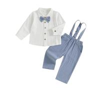 Himllauen Baby Boy Gentleman Cotton Outfit Solid Color Long Sleeve Shirt/Romper + Suspender Pants Set 2 Pieces Casual Clothes Baby Boy Outfit Set for Fall Winter 0-4 Years (Blue A, 6-12 Months)