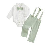 Himllauen Baby Boy Gentleman Cotton Outfit Solid Color Long Sleeve Shirt/Romper + Suspender Pants Set 2 Pieces Casual Clothes Baby Boy Outfit Set for Fall Winter 0-4 Years (Green, 3-6 Months)