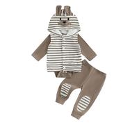Himllauen Baby Boy Outfit Set Solid Color Romper Striped Hooded Vest Elastic Waist Pants 3Pcs Clothes Set Fall Winter for Baby Boys 0-18 Months (Khaki, 6-12 Months)