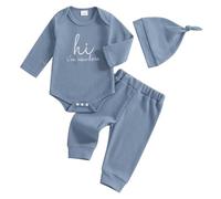 Himllauen Baby Boys Girls Romper Outfit Long Sleeve 3 Pcs Clothes Set with Headband/Hat Newborn Outfit for Baby Fall Spring Winter (Blue, Newborn)