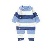 Himllauen Baby Girl Boy 1 Pc Autumn Outfit Sweater Romper Striped Crew Neck Long Sleeve Full Length Jumpsuit for Fall Winter (Blue, 9-12 Months)