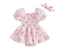 Himllauen Baby Girl Romper Dress Bow Print Short Sleeve Jumpsuit Newborn Baby Casual Romper with Headband 2 Pieces Outfit for Baby Girls 0-18 Months (Pink, 12-18 Months)