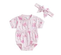 Himllauen Baby Girl Romper Outfit Bow Print Cute Doll Collar with Headband Summer Newborn Clothes for Baby Girls 0-18 Months (Light Purple, 3-6 Months)