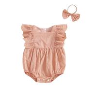 Himllauen Baby Girl Romper Outfit Solid Color Flower Embroidery with Headband Cute Sweet Romper Square Neck Bodysuit Summer Newborn Clothes for Baby Girls (Pink, 6-12 Months)