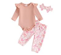 Himllauen Baby Girls Romper Outfit Long Sleeve Bodysuit Floral Pants with Headband Set 3Pcs Newborn Clothes for Baby Girl 0-18 Months Fall Spring Winter (Pink, 0-3 Months)