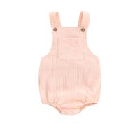 Himllauen Baby Girls Summer Suspender Romper Sleeveless Solid Color Square Neck Backless Loose Fit One Piece Jumpsuit Infant Girl Casual Cotton Linen Overalls with Pocket (Pink, 12_months)