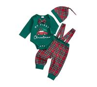 Himllauen Infant Baby Boy 1st Christmas Sets Toddler Letter Print Long Sleeve Round Neck Romper + Overall Pants with Hat 3 Pcs Newborn Boy Winter Outfits (Green A, 0-3 Months)