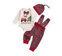 Himllauen Infant Baby Boy 1st Christmas Sets Toddler Letter Print Long Sleeve Round Neck Romper + Overall Pants with Hat 3 Pcs Newborn Boy Winter Outfits (Red A, 6-12 Months)