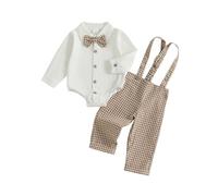 Himllauen Infant Baby Boy Autumn Gentleman Set Toddler Long Sleeve Lapel Neck Shirt Romper with Button-up Bow Tie Pants 2 Piece Newborn Boy Winter Outfits (Khaki Check, 0-3 Months)