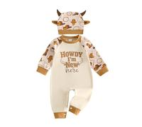 Himllauen Infant Baby Boy Fall Western Style Jumpsuit with Hat | Baby Boy Western Cowboy Style Jumpsuit Set Long Sleeve Letter Bull Print Cotton Romper with Hat Fall Winter 0-18 Months