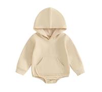 Himllauen Infant Baby Boy Girl Hoodie Romper Solid Color Long Sleeve Front Pocket Bodysuit Newborn Toddler Boy Girl Autumn Jumpsuit (Beige, 6-12 Months)