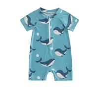 Himllauen Infant Baby Boy Rash Guard Swimsuit Toddler Leaves/Shark Pattern Zip Up Short Sleeve Crew Neck Newborn Baby Boy Summer Swimwear (Navy Blue, 6-12 Months)