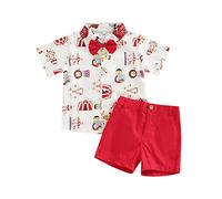Himllauen Infant Baby Boy Shorts 2 Pcs Set Toddler Newborn Boy Striped/Tree Print Collared Short Sleeve Button up Shirts Elastic Waist Shorts Summer Casual Clothes (Red Circus, 2-3T)