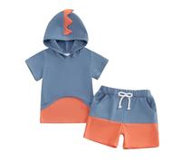 Himllauen Infant Baby Boy Summer Clothes Dinosaur Short Sleeve Contrast Color Hoodie T-Shirt + Elastic Waist Shorts with Pocket Casual Outfit for Toddler Kids (Blue A, 18-24 Months)