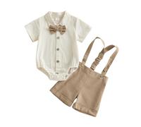Himllauen Infant Baby Boy Summer Gentleman Outfit Solid Color Short Sleeve Lapel Neck Shirt Romper + Stripe Suspender Shorts + Bowtie for Newborn Toddler Boys (Khaki D, 12-18 Months)