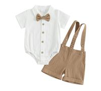 Himllauen Infant Baby Boy Summer Gentleman Outfit Solid Color Short Sleeve Lapel Neck Shirt Romper + Stripe Suspender Shorts + Bowtie for Newborn Toddler Boys (Khaki A, 3-6 Months)