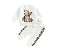 Himllauen Infant Baby Boys Girls Plaid Bear Pattern Outfits Toddler Little Bear Sweatshirt Tops + Elastic Waist Pants 2 Pcs Set Newborn Autumn Casual Sets (White, 0-3 Months)