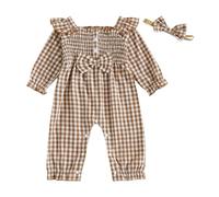Himllauen Infant Baby Girl 2 Pcs Autumn Outfits Toddler Long Sleeve Square Neck Bow Front Smocked Jumpsuit with Headband Newborn Girl Casual Bodysuit Set (Coffee, 3-6 Months)