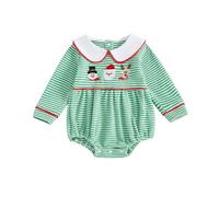 Himllauen Infant Baby Girl Christmas Romper Toddler Long Sleeve Bow Front Stripes Print Bodysuit Newborn Fall Winter Playsuit (Green, 12-18 Months)
