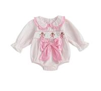 Himllauen Infant Baby Girl Christmas Romper Toddler Long Sleeve Bow Front Stripes Print Bodysuit Newborn Fall Winter Playsuit (Pink, 6-12 Months)