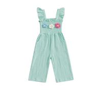 Himllauen Infant Baby Girl Cotton Romper Summer Outfit Flying Sleeve Solid Color Flare Pants Toddler Girls Square Neck Jumpsuit (Green, 3-4T)
