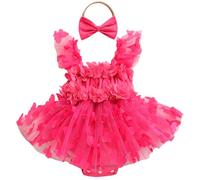 Himllauen Infant Baby Girl Romper Dress Outfits Newborn Girl Mesh Patchwork 3D Butterfly Decor Jumpsuit with Headband Baby Girls Cute Summer 2Pcs Clothes Set (Watermelon red, 6-9M)