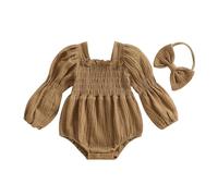Himllauen Infant Baby Girl Romper Outfits Toddler Long Sleeve Solid Color/Floral Print Smocked Jumpsuit with Headband Set Newborn Autumn Clothes