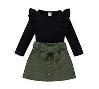 Himllauen Infant Baby Girls Outfit Toddler Sweet Style Solid Color Lace Long Sleeve Round Collar Tops + Button Short Skirt 2 Pcs Newborn Girl Autumn Sets (Black Green, 2-3T)