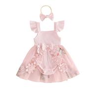 Himllauen Infant Baby Girls Romper Set Newborn Girl Flower Embroidered 3D Butterfly Decor Mesh Patchwork Fly Sleeve Romper Dress with Headband Summer Outfits for Girls (Light Pink, 0-3 Months)
