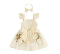Himllauen Infant Baby Girls Romper Set Newborn Girl Flower Embroidered 3D Butterfly Decor Mesh Patchwork Fly Sleeve Romper Dress with Headband Summer Outfits for Girls (Light Apricot, 18-24 Months)