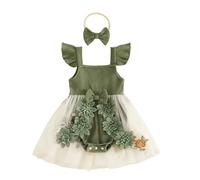 Himllauen Infant Baby Girls Romper Set Newborn Girl Flower Embroidered 3D Butterfly Decor Mesh Patchwork Fly Sleeve Romper Dress with Headband Summer Outfits for Girls (Dark Green, 18-24 Months)