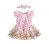 Himllauen Infant Baby Girls Romper Set Newborn Girl Flower Embroidered 3D Butterfly Decor Mesh Patchwork Fly Sleeve Romper Dress with Headband Summer Outfits for Girls (Pink, 0-3 Months)