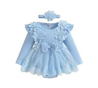 Himllauen Infant Baby Girls Romper Set Toddler 3D Flower Bow Solid Color Long Sleeve Mesh Dress Romper Headband Adorable Ribbed Autumn Outfits for Newborn Girl (Blue, 12-18 Months)