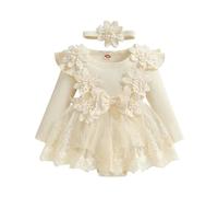 Himllauen Infant Baby Girls Romper Set Toddler 3D Flower Bow Solid Color Long Sleeve Mesh Dress Romper Headband Adorable Ribbed Autumn Outfits for Newborn Girl (Khaki, 9-12 Months)