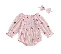 Himllauen Infant Baby Girls Romper Set Toddler Cherry/Floral/Striped Print Long Sleeve Smocked Ruffled Jumpsuit with Bow Headband Adorable Newborn Girl Autumn Outfits (Pink B, 6-12 Months)