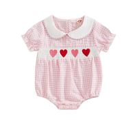 Himllauen Infant Baby Girls Summer Romper Short Sleeve Doll Collar Bow/Cherry/Heart Print Ruffled Bodysuit for Newborn Toddler Girls (Pink A, 18-24 Months)