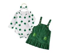 Himllauen Newborn Baby Girls St Patrick’s Day Outfit Clover Print Romper Suspender Skirt Headband 3Pcs Set St Patricks Day Clothes Set for Baby Girl 0-18 Months (Green 4, 9-12 Months)