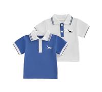 Himllauen Toddler Baby Boy Summer T-Shirts, Short Sleeve Turn Down Collar Dinosaur Embroidery Shirts, Half Button-up, 2 Pieces Elegant Gentleman T Shirt for Boys (Blue, 6-12 Months)