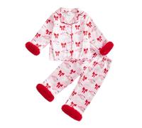 Himllauen Toddler Baby Girl Christmas Pyjamas Set Santa Claus Print Feather Trim Girls Pjs Long Sleeve Button Down Tops Elastic Waist Pants Christmas Pajamas for Girls (Pink B, 6-12 Months)