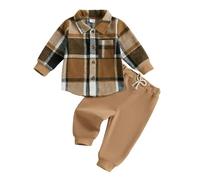 Himllauen Toddler Infant Boy Outfit Set Long Sleeve Plaid Shirt Solid Color Pants Fall Winter 2Pcs Clothes Set for Boys 6 Months-5 Years (Khaki, 12-18 Months)