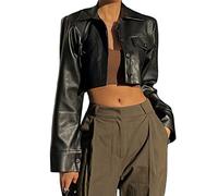 Himllauen Women Autumn Crop Leather Jacket Solid Color Casual Long Sleeve Button Down Jacket Fall Winter Outwear for Party Club Streetwear (Black, M)