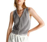 Himllauen Women Autumn Winter Knitted Tank Tops Solid Color Hollow Eyelet Sleeveless V-Neck Single Breasted Open Stitch Sweaters Cardigan for Lady (Gray, L)