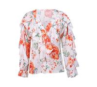 Himllauen Women Button-Down Ruffle Shirt Solid Color/Letter/Butterfly/Plant Print V-Neck Long Sleeve Blouse (Orange, XL)