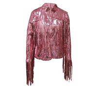 Himllauen Women Casual Sequin Long Sleeve Jackets Solid Colour Open Blazers with Tassels Sexy Clubwear for for Party Night Out Clubs for Summer Autumn (Red Pink, L)