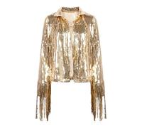 Himllauen Women Casual Sequin Long Sleeve Jackets Solid Colour Open Blazers with Tassels Sexy Clubwear for for Party Night Out Clubs for Summer Autumn (Gold, M)